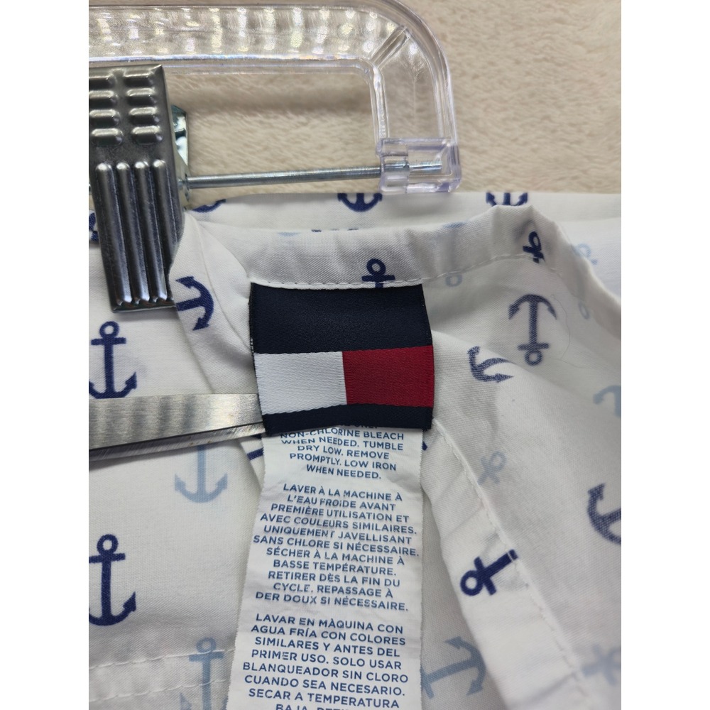 Tommy Hilfiger Queen Size Flat Bed Sheet White Blue Anchor Print